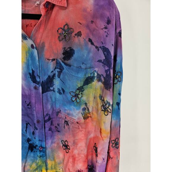 Vintage 2 Of Us Womens Sz M Button Up Long Sleeve Tie Dye Shirt Beaded Flowers - Picture 2 of 4